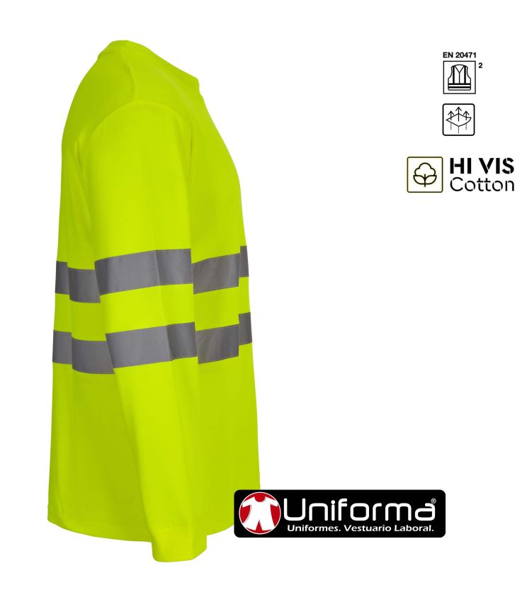 Camiseta de trabajo de Alta Visibilidad Amarillo reflectante de Manga Larga con tejido HIS VIS Cotton de alto contenido en algodón para más comodidad y suavidad, personalizable con logo de empresa en uniforma.net - V305614