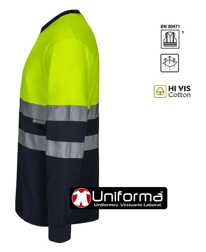 Camiseta de trabajo Bicolor de manga larga de Alta Visibilidad con tejido HIS VIS Cotton de alto contenido en algodón hipoalergénica personalizable con logo de empresa en uniforma.net - V305615