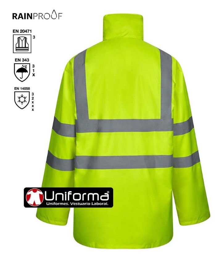 Parka de trabajo de Alta Visibilidad de color amarilla fluor reflectante impermeable con capucha Desmontable y convertible en chubasquero, cazadora y chaleco, personalizable con logo de empresa en uniforma.net - V306007