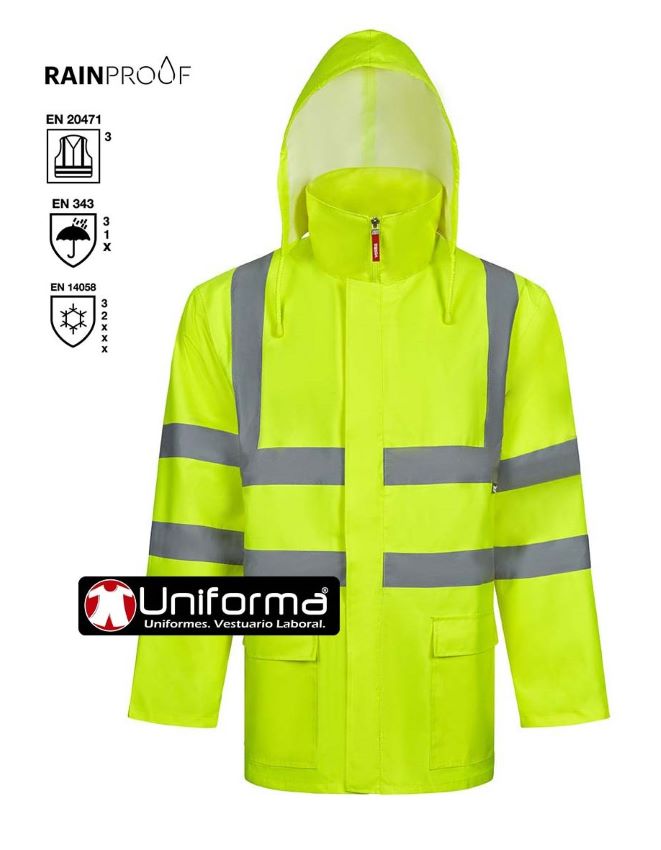 Parka de trabajo de Alta Visibilidad de color amarilla fluor reflectante impermeable con capucha Desmontable y convertible en chubasquero, cazadora y chaleco, personalizable con logo de empresa en uniforma.net - V306007