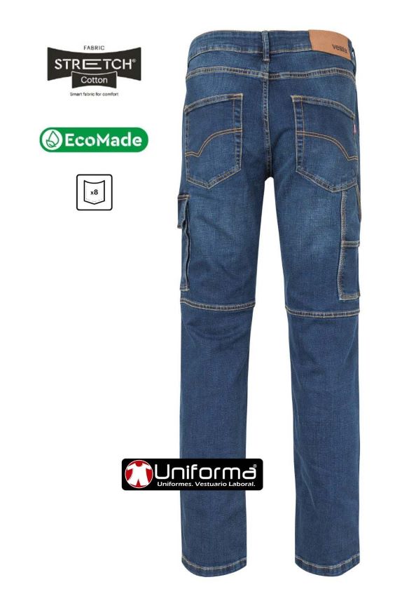 Pantalón de trabajo vaquero en tejido elástico de algodón y fibras elásticas, resistente, cómodo, multi bolsillos, bolsillos de cargo, con tapetas,  de gran calidad y diseño moderno en uniforma.net