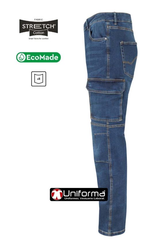 Pantalón de trabajo vaquero en tejido elástico de algodón y fibras elásticas, resistente, cómodo, multi bolsillos, bolsillos de cargo, con tapetas,  de gran calidad y diseño moderno en uniforma.net