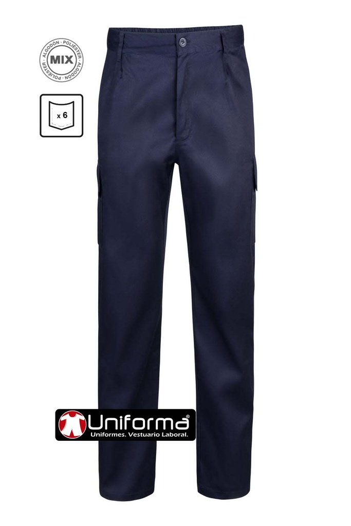 Pantalón de trabajo Multi bolsillos, con bolsillos laterales de cargo con cierre de tapeta y fuelles, con cintura elástica, económicos básicos, personalizable con logo de empresa en uniforma.net  - V345