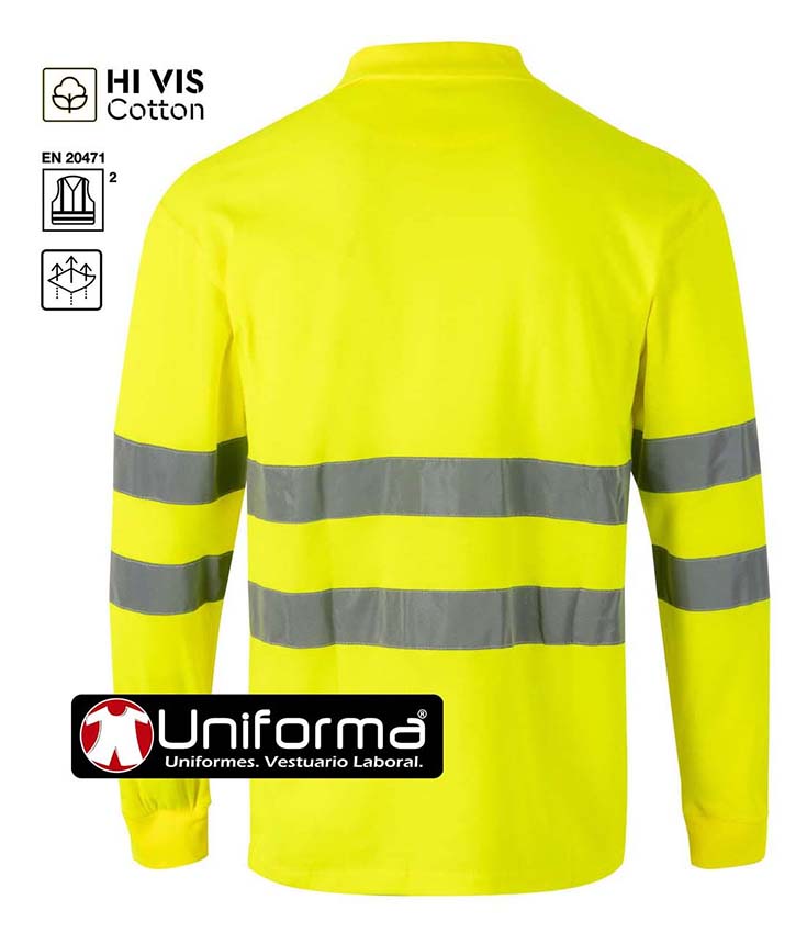 Polo de trabajo de Alta Visibilidad clase 2 con Algodón amarillo reflectante de Manga Larga personalizable con logo de empresa en uniforma - V305514