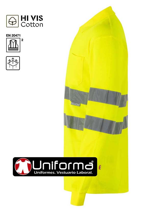 Polo de trabajo de Alta Visibilidad clase 2 con Algodón amarillo reflectante de Manga Larga personalizable con logo de empresa en uniforma - V305514