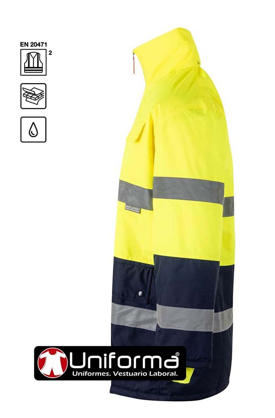 Parka de trabajo impermeable de alta visibilidad homologada en clase 2 de diseño Bicolor, con capucha oculta, y cierre de cremallera con botones automáticos, personalizable con logo de empresa en uniforma.net - V166