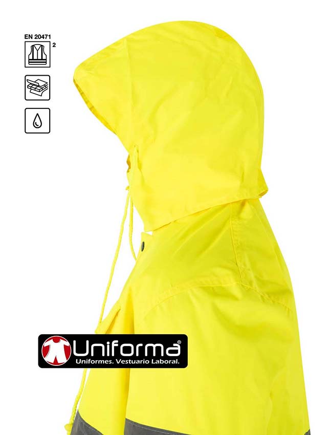 Parka de trabajo impermeable de alta visibilidad homologada en clase 2 de diseño Bicolor, con capucha oculta, y cierre de cremallera con botones automáticos, personalizable con logo de empresa en uniforma.net - V166