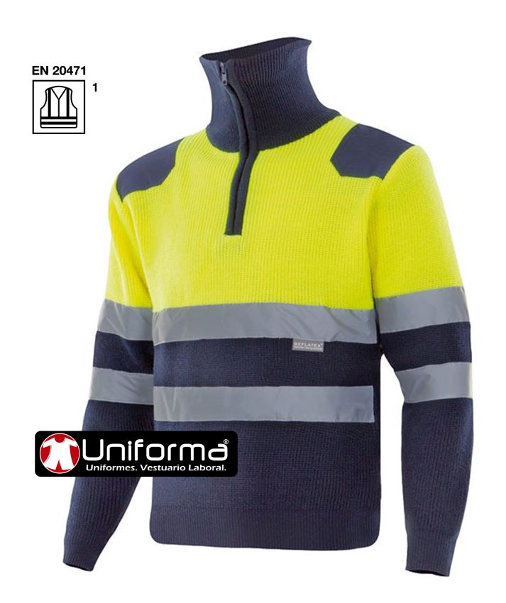 Jersey de trabajo de Alta Visibilidad reflectante con cierre de media cremallera, cuello alto para el frío,  con refuerzos en hombros homologado EN ISO 20471 clase 1, de color amarillo fluor y azul marino,  personalizable con logo de empresa en uniforma.net - V301001