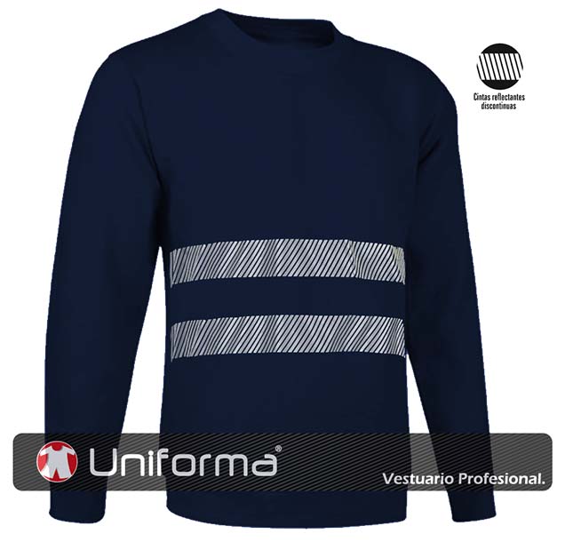 Sudadera de trabajo de color azul marino con bandas reflectantes grises reflectantes del tipo segmentadas discontinuas para mayor comodidad, con cuello redondo y puños elásticos, personalizable con logo de empresa en uniforma UN2280
