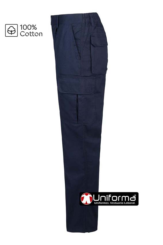 Pantalón  de trabajo de 100% Algodón Color azul marino tipo Multibolsillos con 6 bolsillos con dos bolsillos de cargo, en algodón ligero, de 190 grms, personalizable con logo de empresa en uniforma ,  - V103003