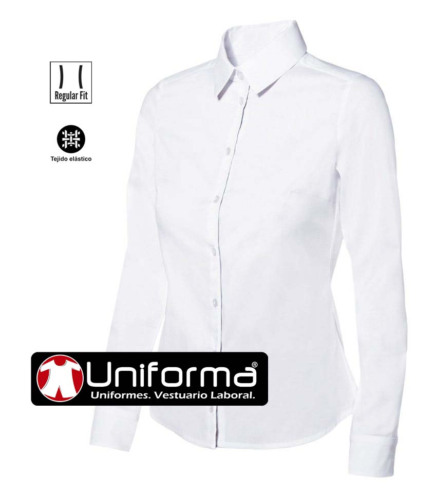 Camisa de trabajo blanca en tejido elástico Stretch con elástano, super cómoda, de manga larga y cuello camisero, personalizable con logo de empresa en uniforma  V405002