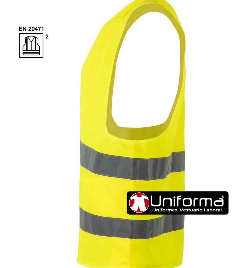 Chaleco de trabajo Amarillo Reflectante de Alta Visibilidad con bandas y cintas reflectantes homologadas en el torso, homologado en alta visibilidad según EN ISO 20471 Clase 2, personalizable con logo de empresa en uniforma.net - V14001