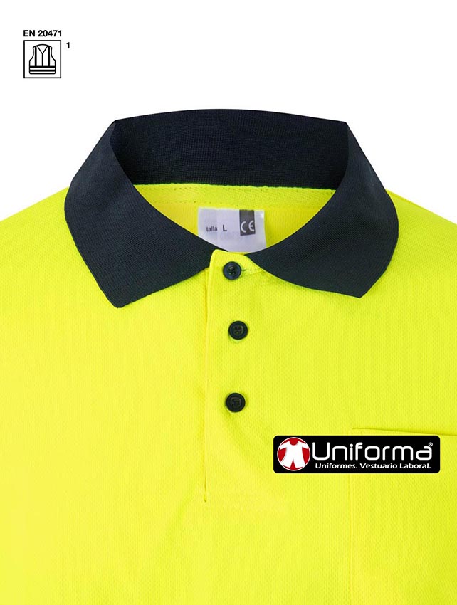 Polo de trabajo de Manga Larga Reflectante de alta visibilidad modelo de diseño bicolor, con botones y cuello a contraste para minimizar la suciedad, con bolsillo de pecho, cintas reflectantes, homologado EN ISO 20471 clase 1, personalizable con logo de empresa en uniforma. - V305507