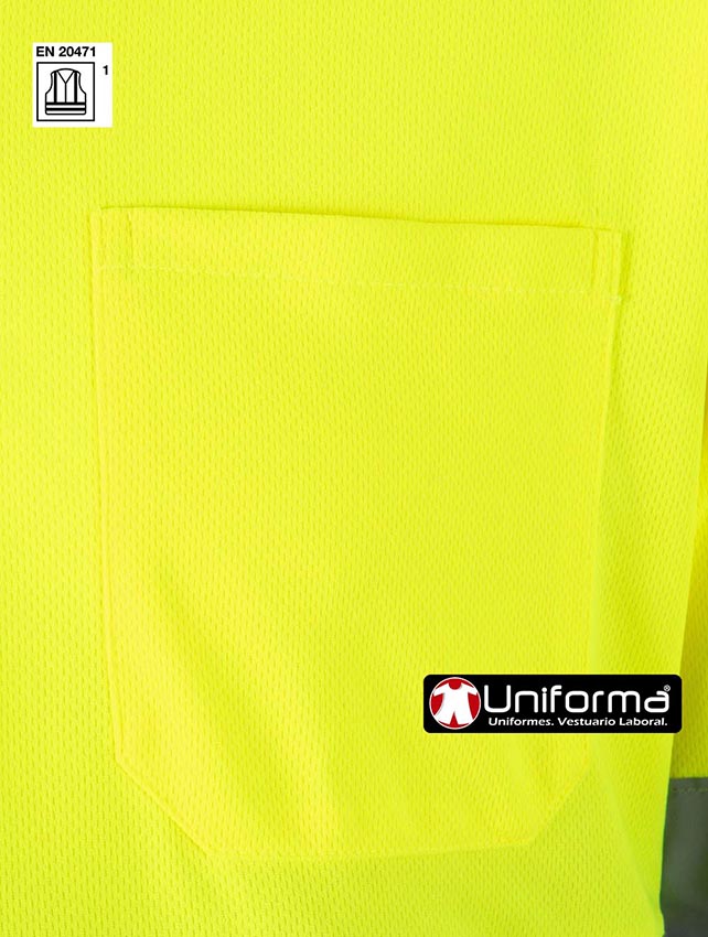 Polo de trabajo de Manga Larga Reflectante de alta visibilidad modelo de diseño bicolor, con botones y cuello a contraste para minimizar la suciedad, con bolsillo de pecho, cintas reflectantes, homologado EN ISO 20471 clase 1, personalizable con logo de empresa en uniforma. - V305507