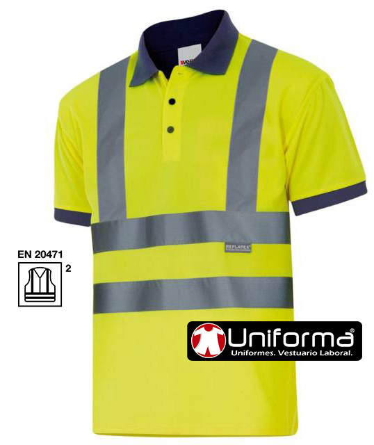 Polo de trabajo Amarillo reflectante de  Alta Visibilidad Clase 2 con bandas reflectantes horizontales y verticales, con botones, cuello y bocamangas a contraste para minimizar la suciedad, personalizable con logo de empresa. - V305502