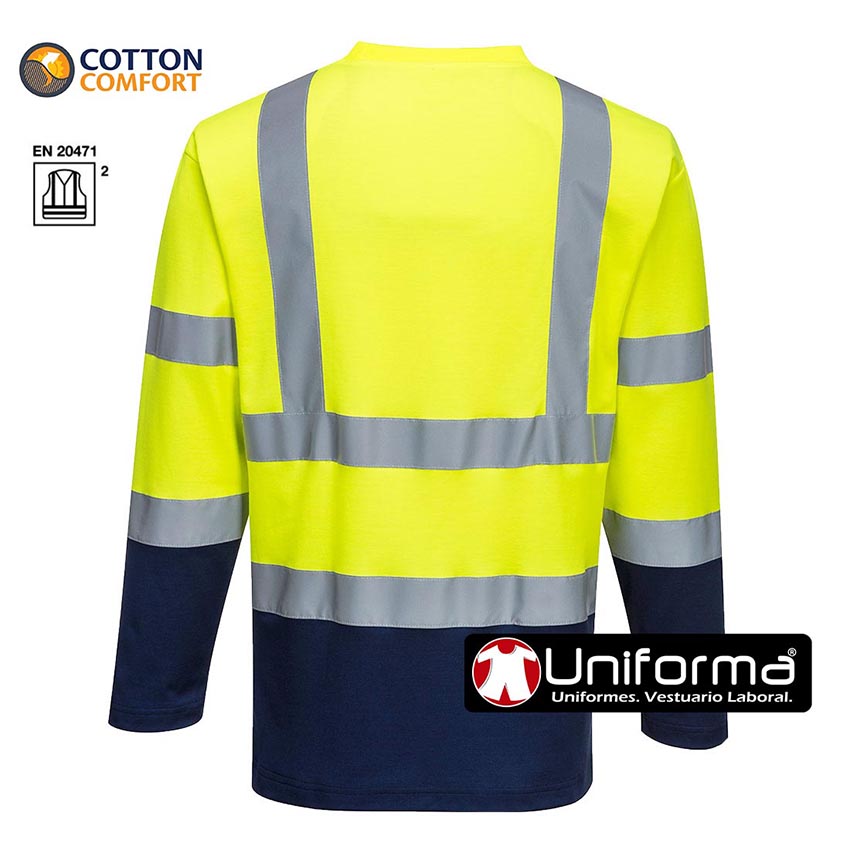 Camiseta de trabajo Bicolor reflectante de alta visibilidad en tejido con algodón interno  Cotton Comfort de Manga Larga con bandas reflectantes horizontales y verticales, personalizable con logo de empresa en uniforma - PS280