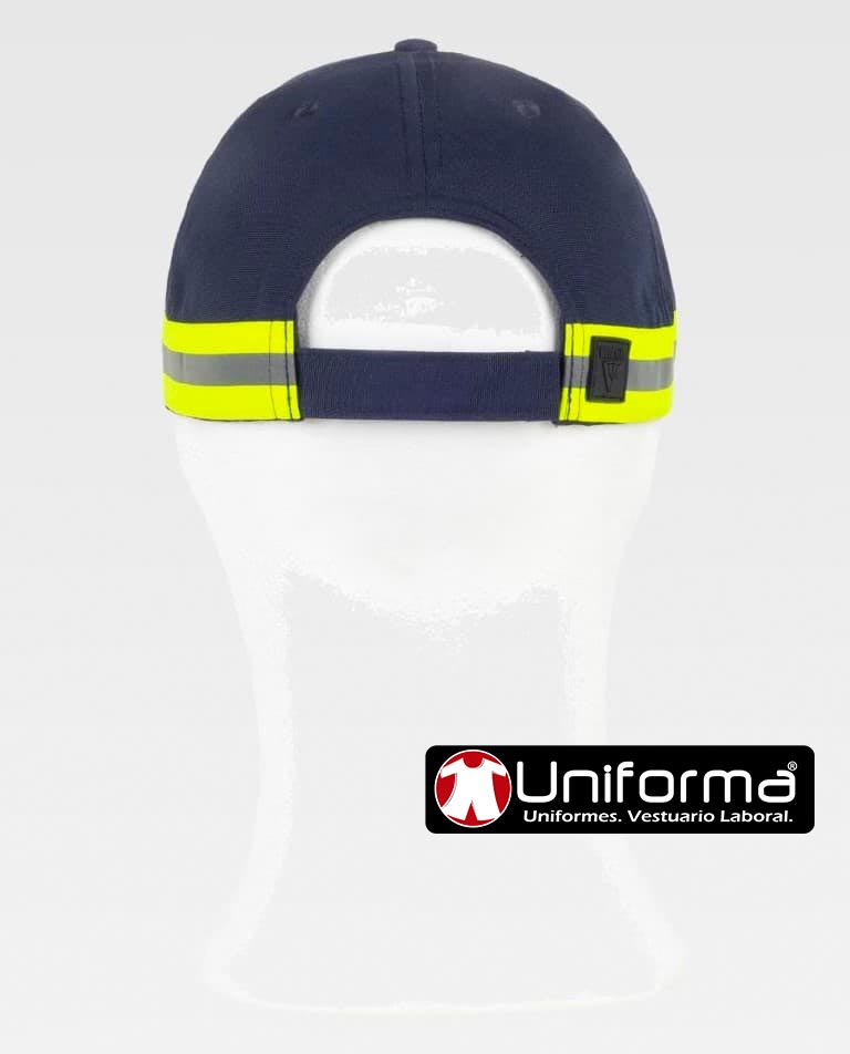 Gorra de trabajo de color Marino con cinta reflectante amarilla en la parte trasera del tipo noche y día, gris con amarillo fluor, gorra personalizable con logo de empresa en uniforma - TWFA909