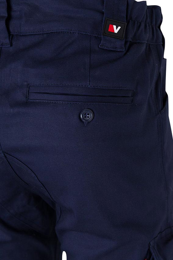 Pantalón de trabajo en tejido Elástico con elastano modelo multibolsillos Reforzado con culera de Algodón y fibra elástica lo que lo hace cómodo y resistente, en tejido de sarga gruesa personalizable con logo de empresa en uniforma , de color azul marino - V103012S