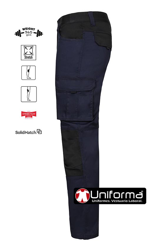 Pantalón de trabajo Stretch Elástico por construcción en tejido EME, de diseño bicolor, con refuerzos en rodillas y culeras con colores a contraste, de gramaje alto, resistente y duradero, de la gama SolidMatch, para mejorar la imagen corporativa de su empresa, personalizable con logo de empresa en uniforma, de color Marino bicolor - V103031S