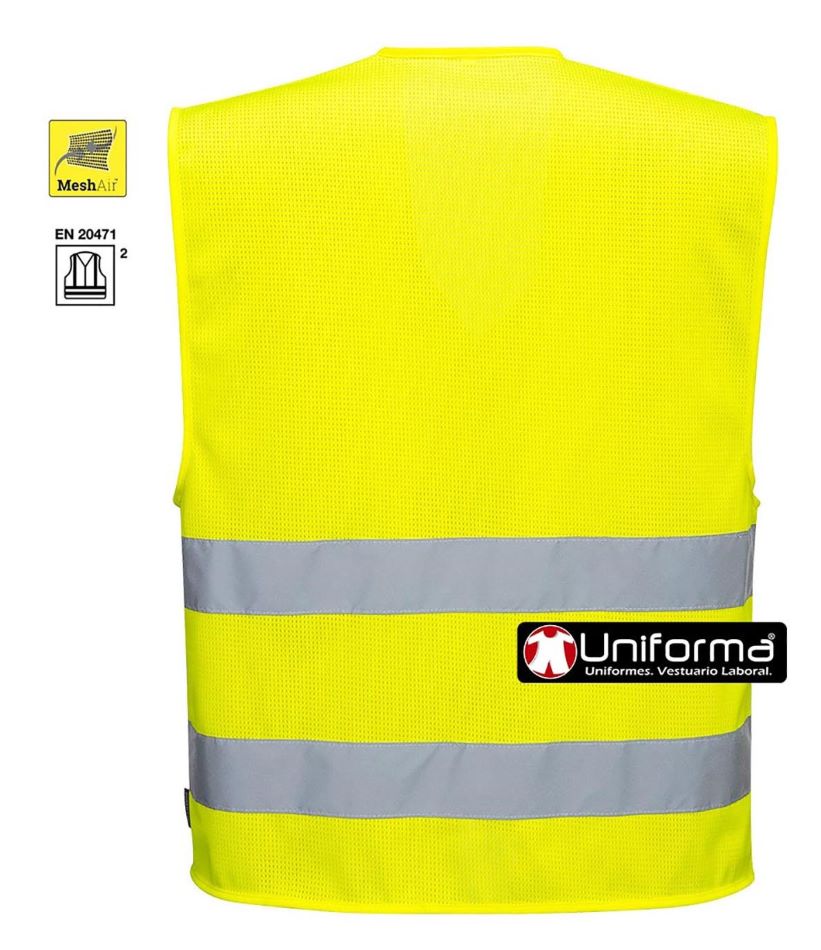 Chaleco de trabajo de alta visibilidad en tejido de malla o rejilla microperforada para mejorar la transpiración y combatir el calor, disponible en tallas grandes y personalizable con logo de empresa en uniforma