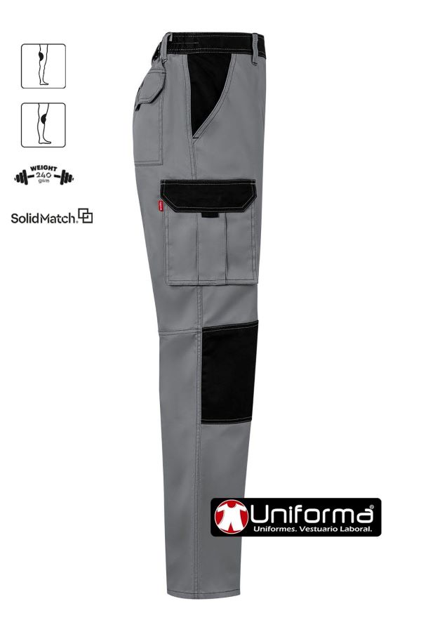 Pantalón de trabajo reforzado duro y resistente con refuerzos de tejido en rodillas y culera, de diseño bicolor, de gramaje alto 240 grms, multibolsillos, con colores a contraste, personalizable con logo de empresa en uniforma  V103020B