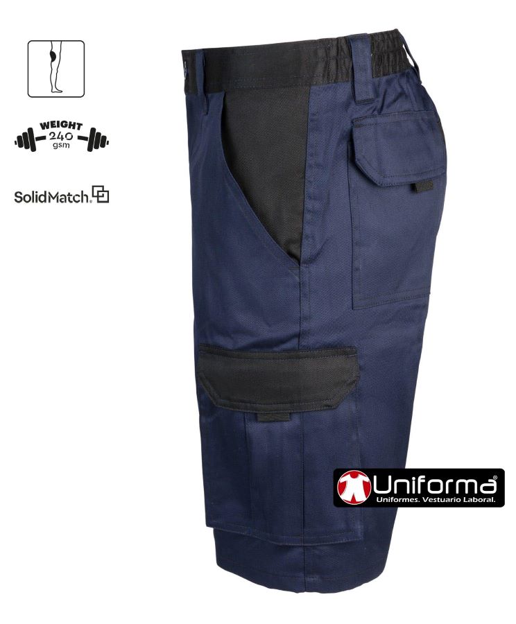 Pantalón Corto tipo bermuda multi bolsillos con bolsillos de cargo, diseño bicolor marino y negro, con cintura elástica y refuerzo de tejido en culera - V103021B