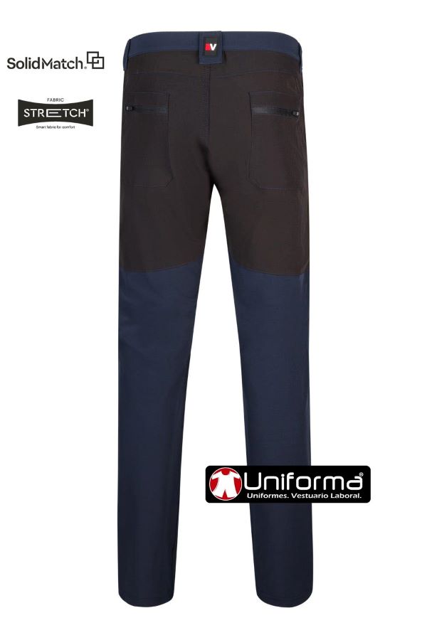 Pantalón de trabajo de estilo trekking en tejido extra cómodo super elástico ajustable y ligero de gran resistencia a los lavados y a la decoloración, personalizable con logo de empresa en uniforma, de color azul marino combinado con negro V103022S