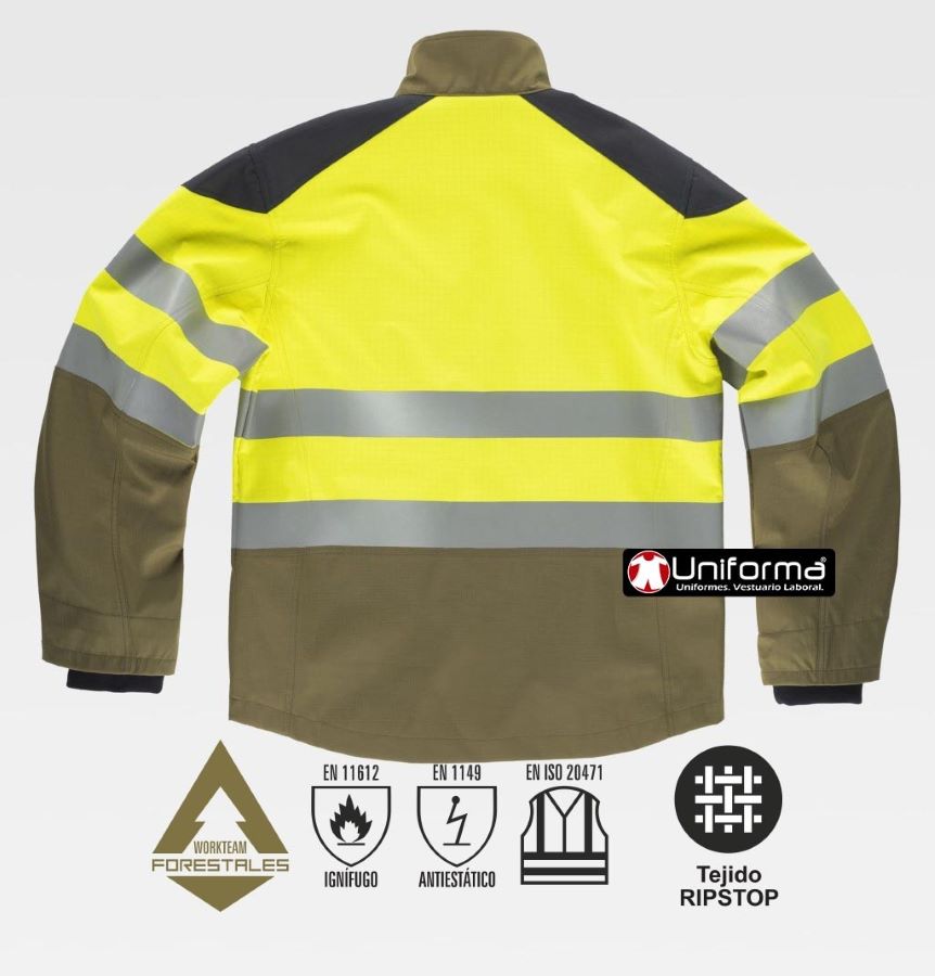 Chaqueta de trabajo tipo Softshell Forestal para trabajos forestales Ignífuga de Alta visibilidad y anti estática, en tejido anti desgarros Rip Stop de color amarilla fluor y verde caza, personalizable con logo de empresa en uniforma - TS9581