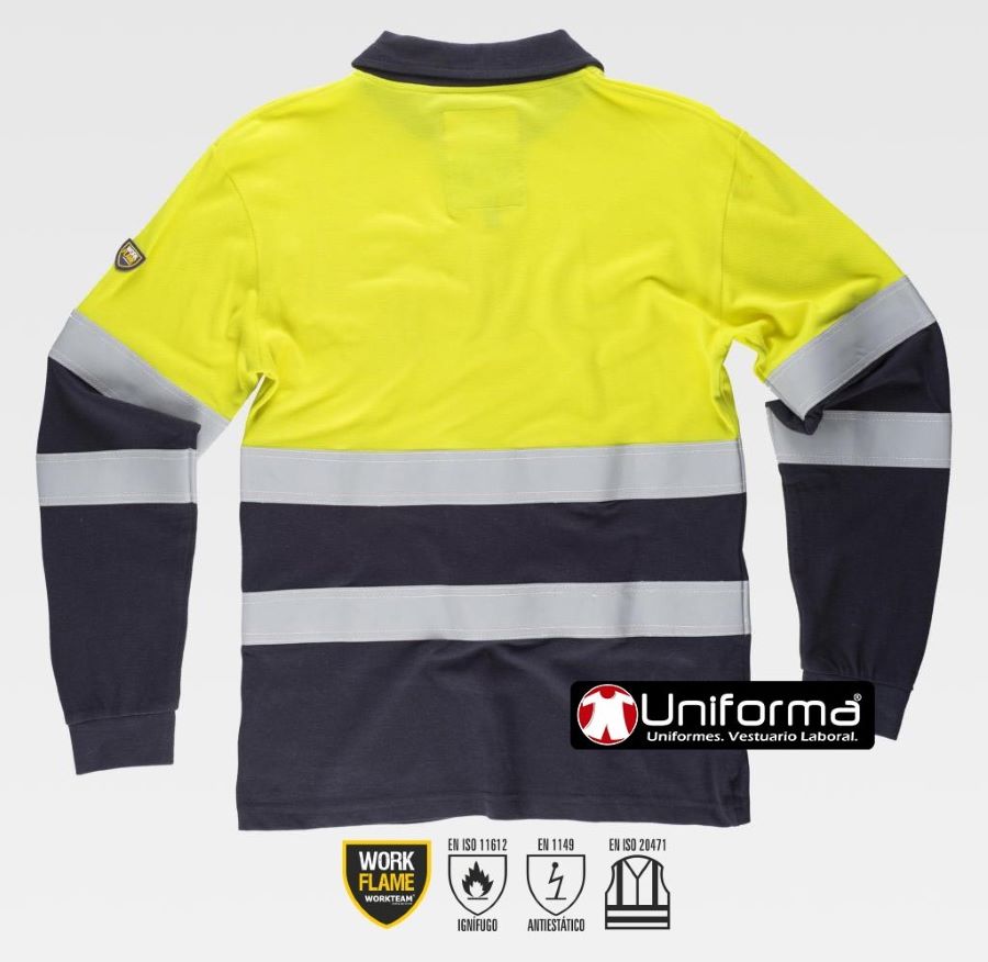 Polo de trabajo reflectante de  Alta Visibilidad Ignífugo y anti estático de manga larga de color amarillo y azul personalizable en uniforma  - TS6591