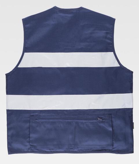 Chaleco tipo Safari de color azul marino de diseño Multi bolsillos con Bandas Reflectantes, cierre de cremallera, personalizable con logo de empresa en uniforma  - TS3107
