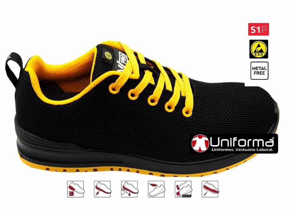 Zapatos de trabajo de Seguridad S1P+SRC+ESD en material textil ligero y cómodo de color negro y amarillo - V707007Y