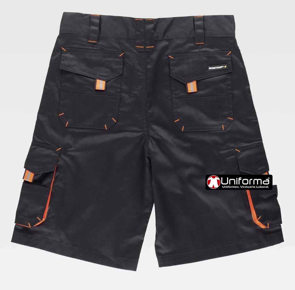 Pantalón Corto de trabajo Negro y naranja tipo bermudas de diseño Bicolor con colores a contraste Multi Bolsillos de diseño moderno, tejido resistente, personalizable con logo de empresa en uniforma  - TWF1617