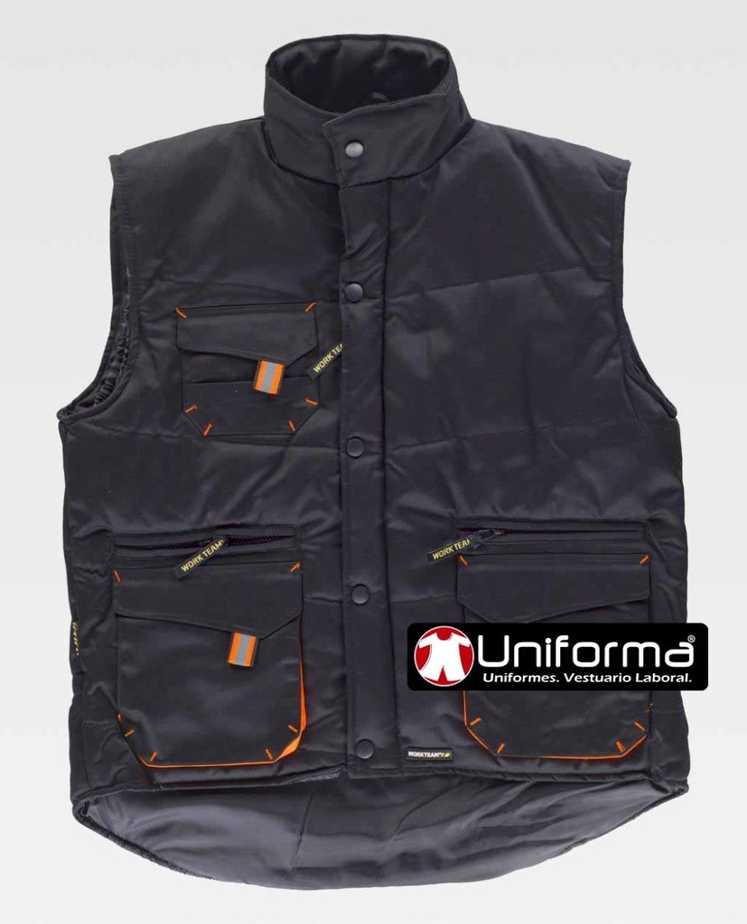 Chaleco de trabajo negro y naranja Acolchado de diseño Bicolor multi bolsillos con detalles en colores flúor y de alta visibilidad, personalizable con logo de empresa en uniforma  - TWF1680