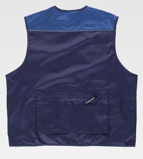 Chaleco de trabajo tipo Safari Combinado bicolor multi bolsillos den tejido de sarga con cierre de cremallera, personalizable con logo de empresa en uniforma - TWF1854