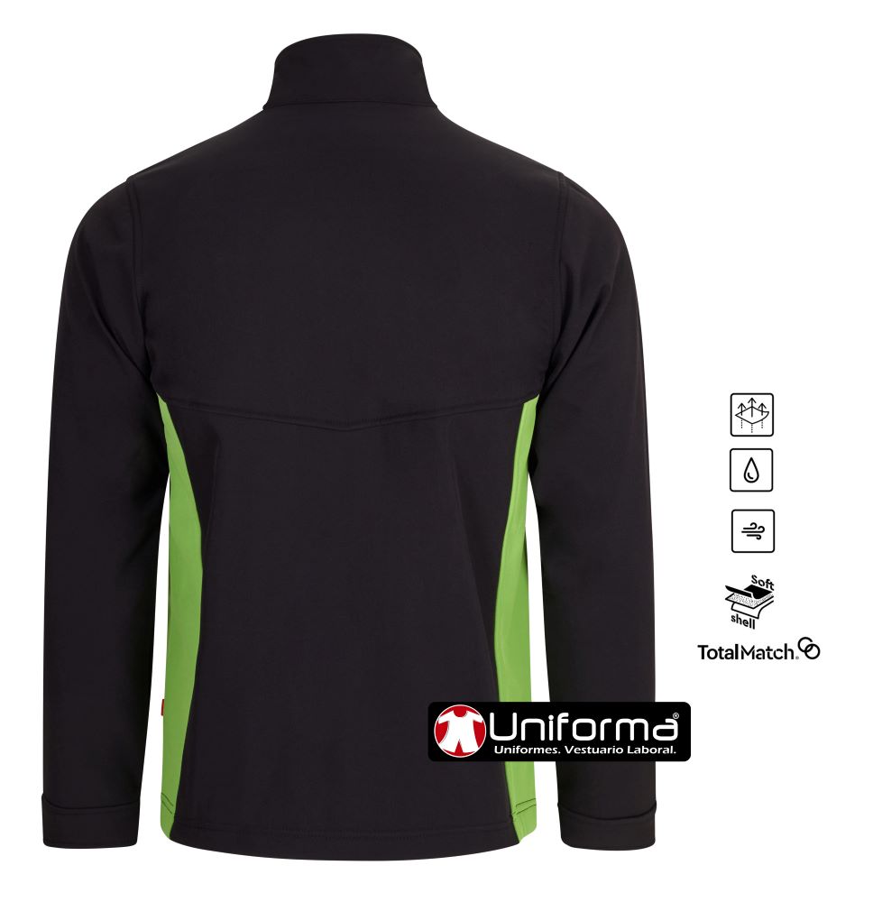 Cazadora de trabajo tipo Softshell negro con detalles verdes Bicolor combinable de Triple Capa de la gama Total Match ropa de trabajo combinable para una imagen corporativa perfecta, personalizable con logo de empresa, serigrafía, bordado o impresión digital y DTF en uniforma - V106004