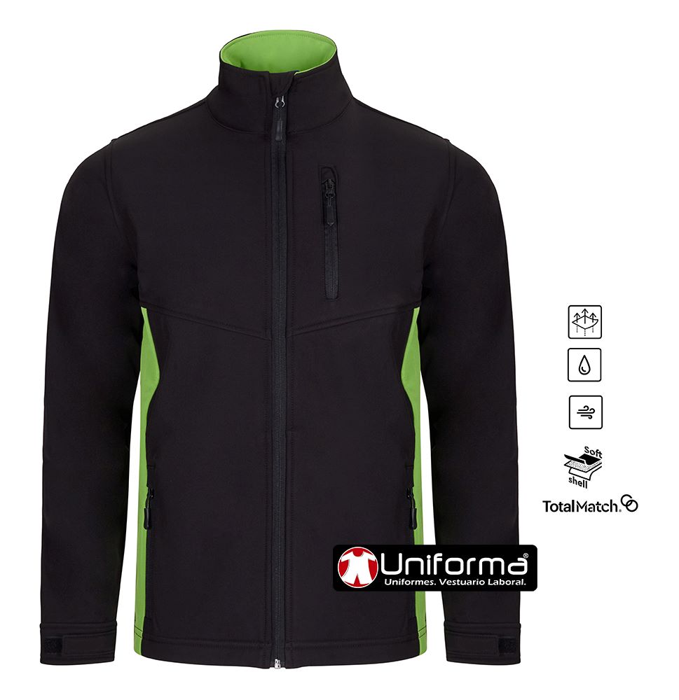 Cazadora de trabajo tipo Softshell negro con detalles verdes Bicolor combinable de Triple Capa de la gama Total Match ropa de trabajo combinable para una imagen corporativa perfecta, personalizable con logo de empresa, serigrafía, bordado o impresión digital y DTF en uniforma - V106004