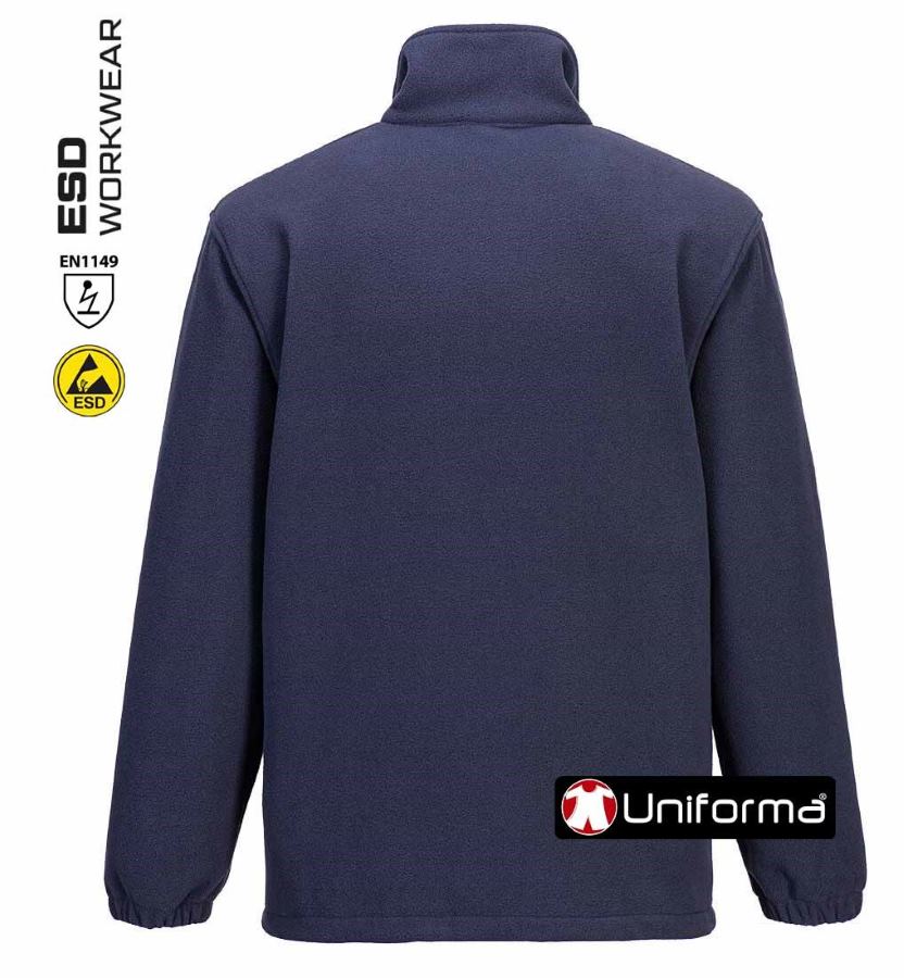 Chaqueta Polar Azul marino de trabajo Antiestático ESD Disipativo de la carga electroestática gracias a la fibra de carbono conductora, personalizable con logo de empresa en uniforma.