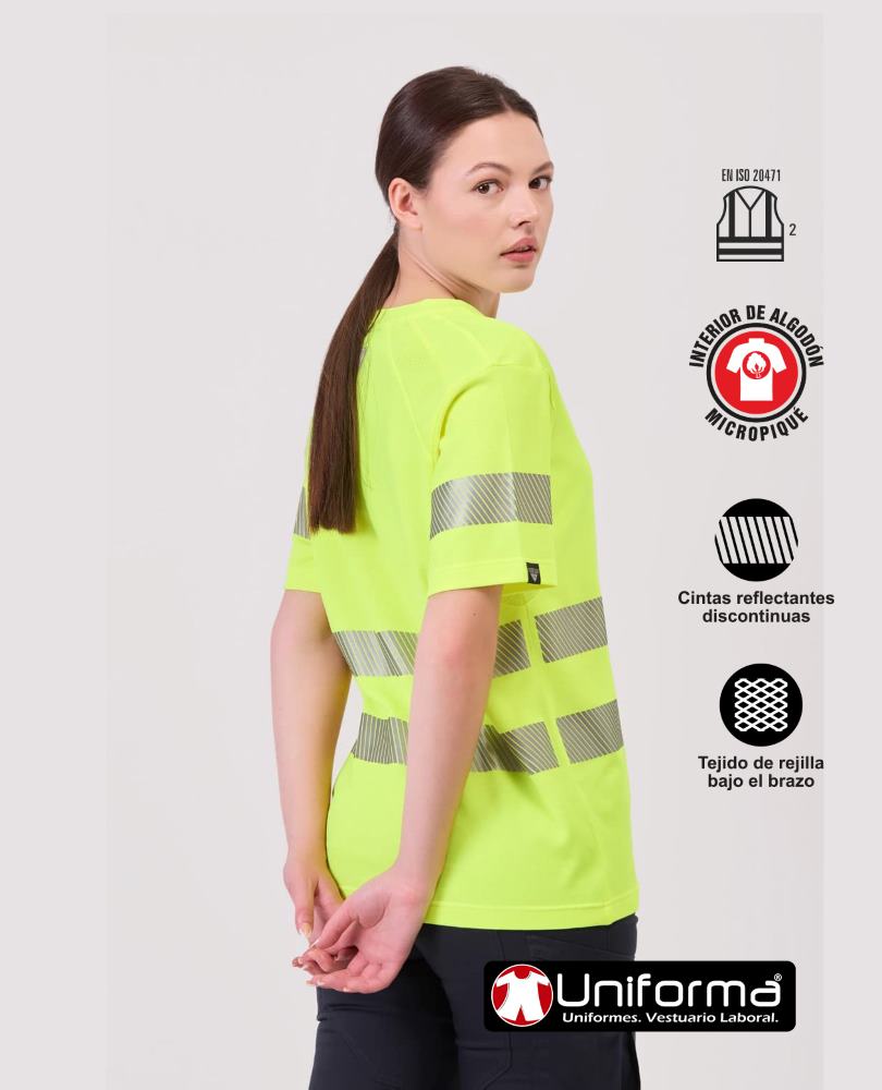 Camiseta de trabajo Amarilla reflectante de Alta Visibilidad con Algodón 100% por dentro en contacto con la piel, bandas reflectantes segmentadas discontinuas con tejido de rejilla para mejorar la transpiración, personalizables con logo de empresa en uniforma  - TC3980