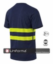 Camiseta de trabajo de Algodón 100% Azul Marino con Bandas de Alta Visibilidad segmentadas discontinuas transpirables en pecho y espalda, de manga corta, cuello redondo, ligeras y cómodas, personalizables con logo de empresa en Uniforma - UN203