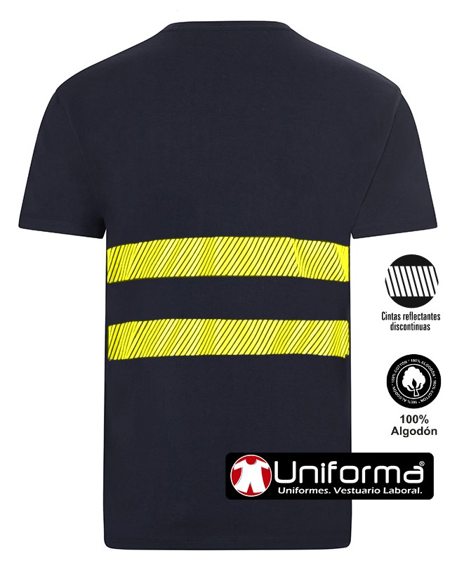 Camiseta de trabajo de Algodón 100% Azul Marino con Bandas de Alta Visibilidad segmentadas discontinuas transpirables en pecho y espalda, de manga corta, cuello redondo, ligeras y cómodas, personalizables con logo de empresa en Uniforma - UN203