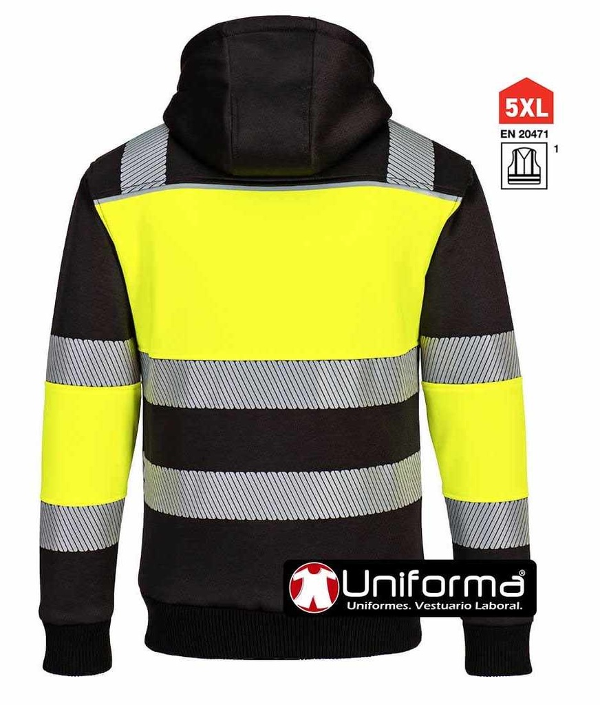 Sudadera de trabajo reflectante de Alta Visibilidad con capucha y cierre de cremallera central, de diseño combinado, con multiples bandas reflectantes del tipo segmentedas, discontinuas, para mayor comodidad, personalizable con logo de empresa en uniforma - PPW377