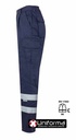 Pantalón de trabajo con bandas reflectantes de alta visibilidad en las perneras de tipo continuo, cosidas, multibolsillos, para mejorar la visibilidad del trabajador según la norma EN17353, personalizable con logo de empresa en uniforma