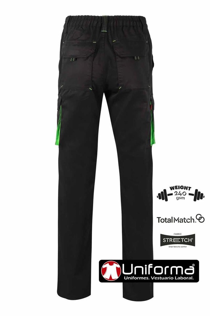 Pantalón de trabajo Bicolor Negro con detalles de color verde en las tapetas  en tejido Elástico y resistente de 240grms Multi Bolsillos personalizable con logo de empresa en Uniforma - V103024S