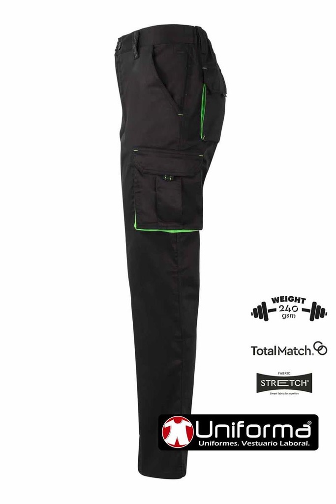 Pantalón de trabajo Bicolor Negro con detalles de color verde en las tapetas  en tejido Elástico y resistente de 240grms Multi Bolsillos personalizable con logo de empresa en Uniforma - V103024S