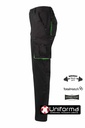 Pantalón de trabajo Bicolor Negro con detalles de color verde en las tapetas  en tejido Elástico y resistente de 240grms Multi Bolsillos personalizable con logo de empresa en Uniforma - V103024S