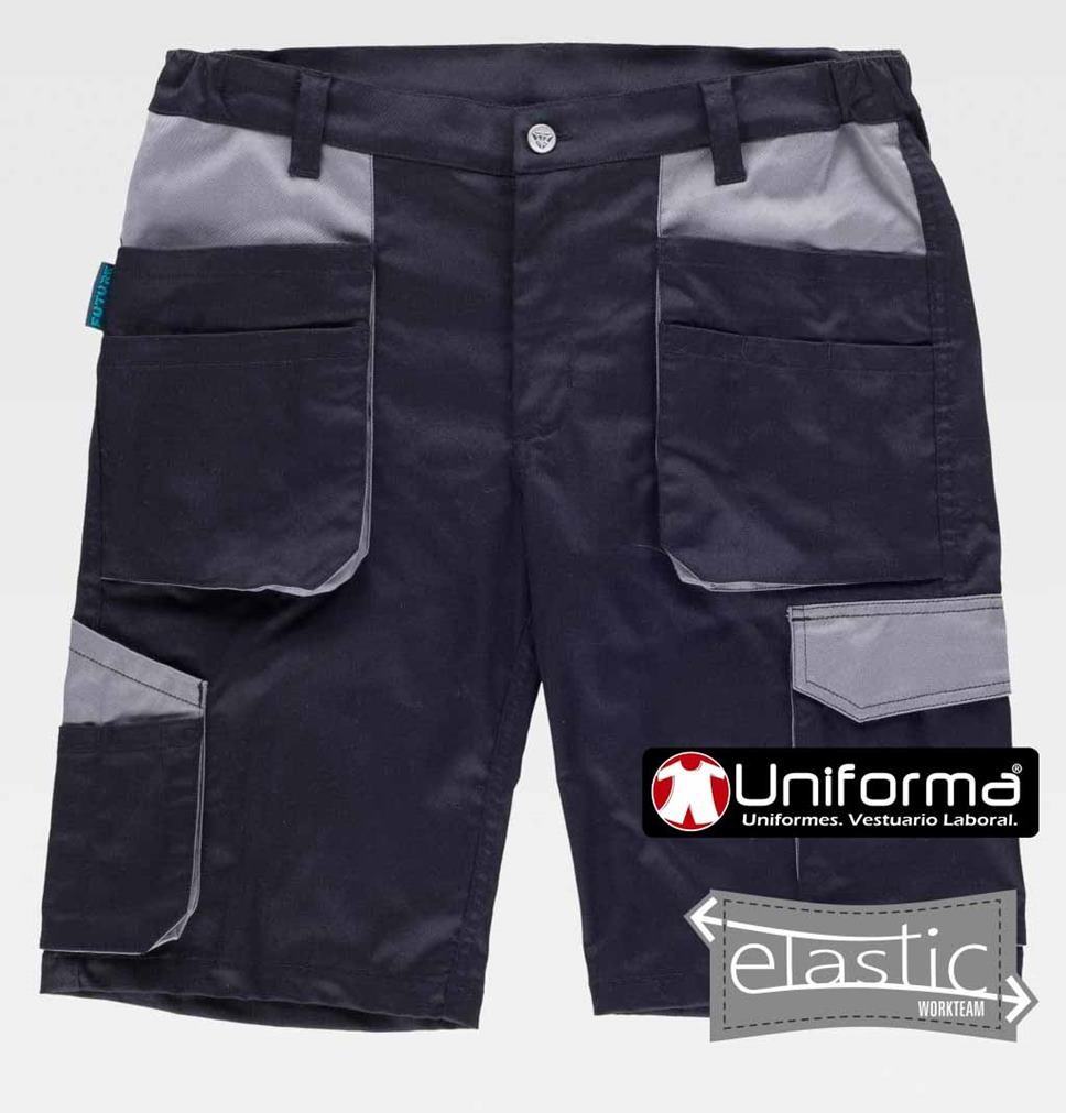 Pantalón corto tipo bermuda de trabajo en tejido cómodo elástico de diseño bicolor, con bolsillos de cargo, personalizable con logo de empresa en Uniforma