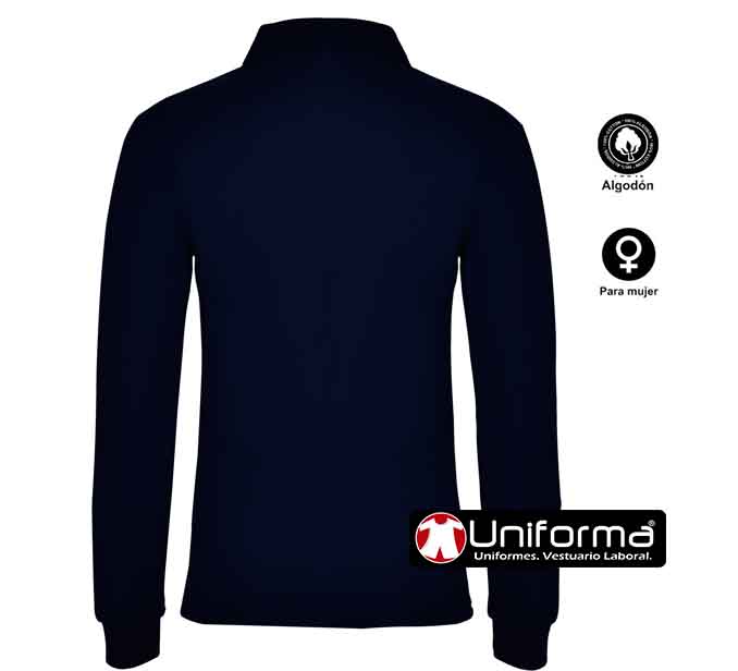 Polo de trabajo de mujer de color azul marino de manga larga en piqué de algodón 100% personalizable con logo de empresa en serigrafía, DTF, bordado en uniforma