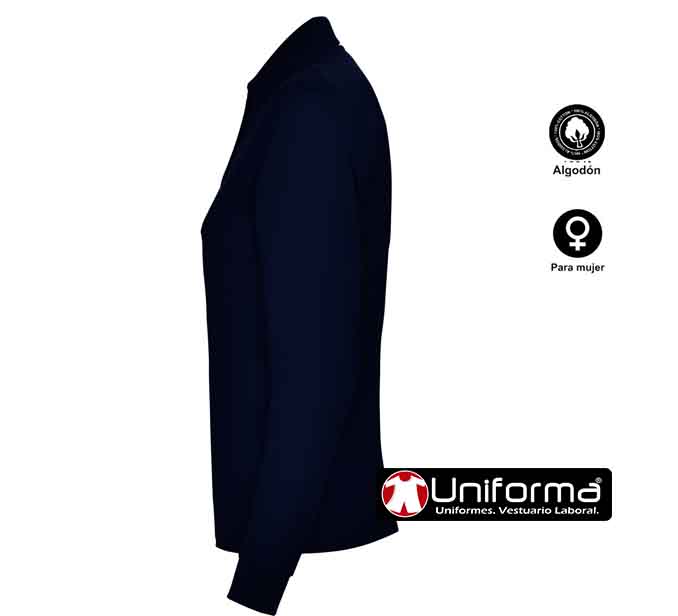 Polo de trabajo de mujer de color azul marino de manga larga en piqué de algodón 100% personalizable con logo de empresa en serigrafía, DTF, bordado en uniforma