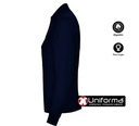 Polo de trabajo de mujer de color azul marino de manga larga en piqué de algodón 100% personalizable con logo de empresa en serigrafía, DTF, bordado en uniforma