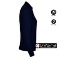Polo de trabajo de mujer de color azul marino de manga larga en piqué de algodón 100% personalizable con logo de empresa en serigrafía, DTF, bordado en uniforma